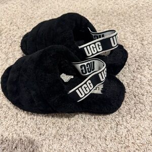 UGG Black Fluffy Slides with Logo Strap